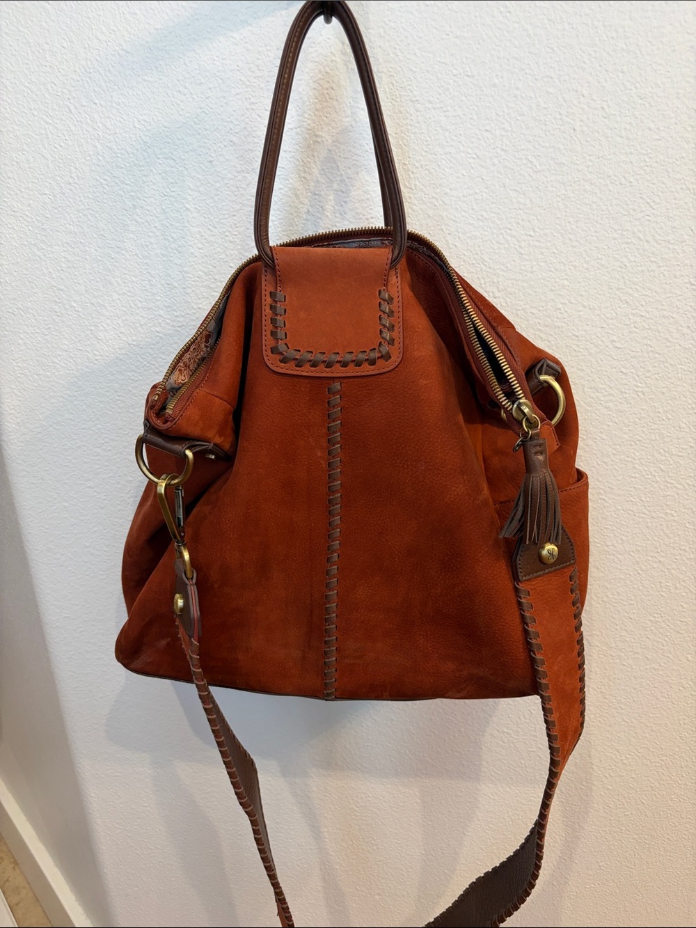 HOBO Rust Suede Shoulder Bag with Braided Trim